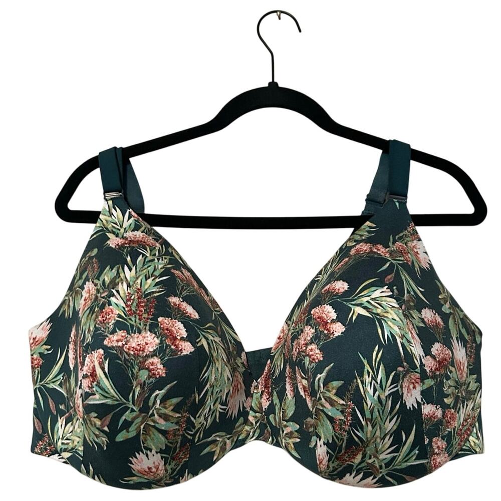 Cacique lightly lined full coverage beautiful deep green floral bra, size 44F